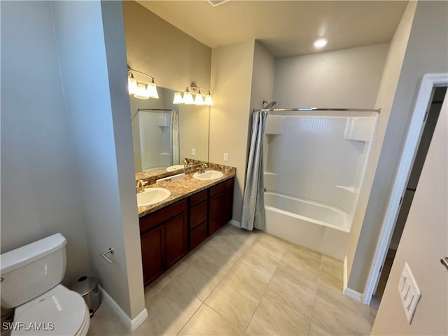 full bathroom with tile patterned floors, double sink vanity, toilet, and shower / bath combination with curtain