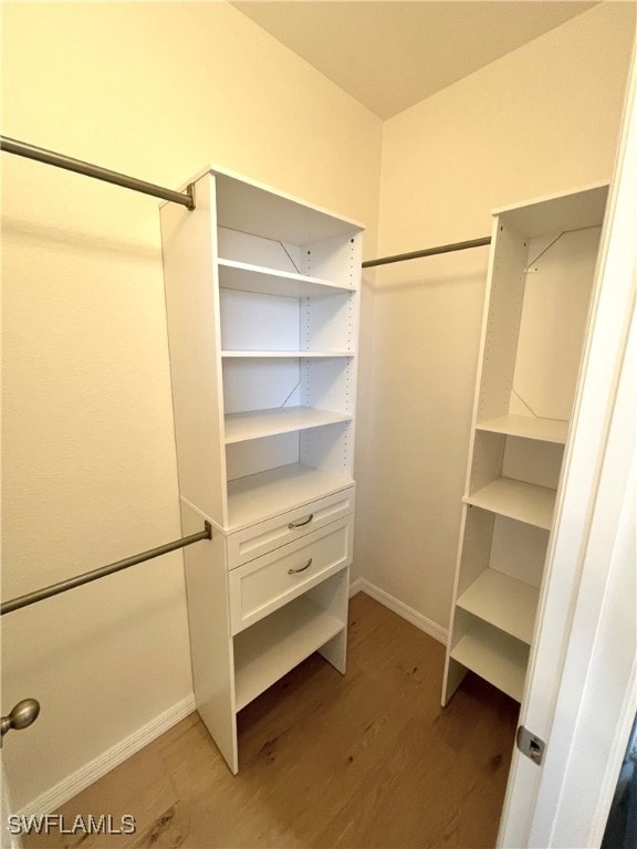 walk in closet with wood-type flooring