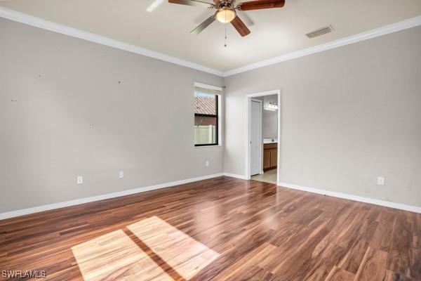 unfurnished room featuring crown molding, ceiling fan, and wood-type flooring