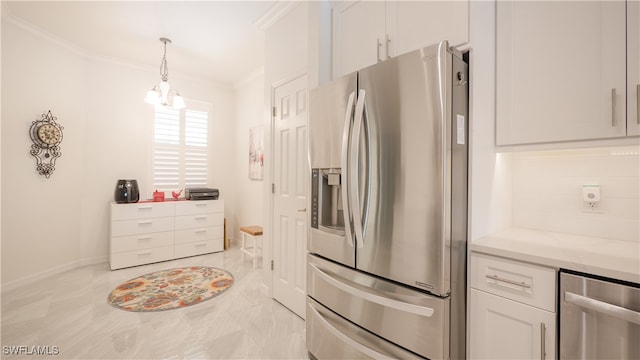 kitchen featuring white cabinets, hanging light fixtures, light stone countertops, stainless steel refrigerator with ice dispenser, and ornamental molding