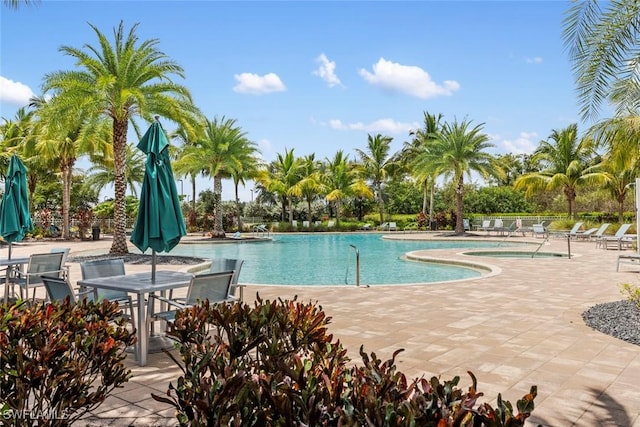 community pool featuring a community hot tub and a patio area