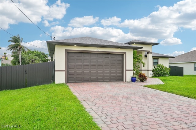 view of front of home featuring a front lawn and a garage