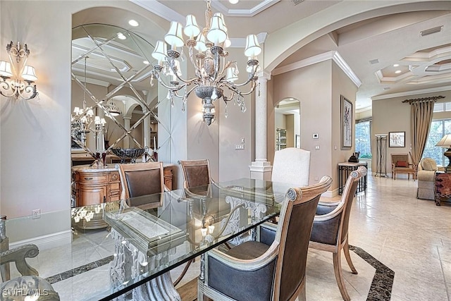 dining area with an inviting chandelier, ornamental molding, and coffered ceiling