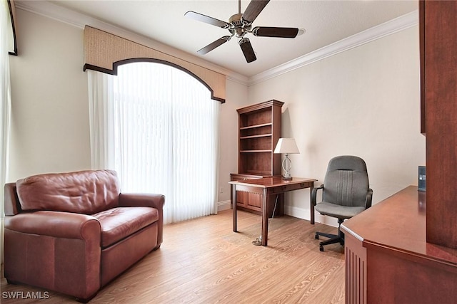 home office with crown molding, light hardwood / wood-style floors, and ceiling fan