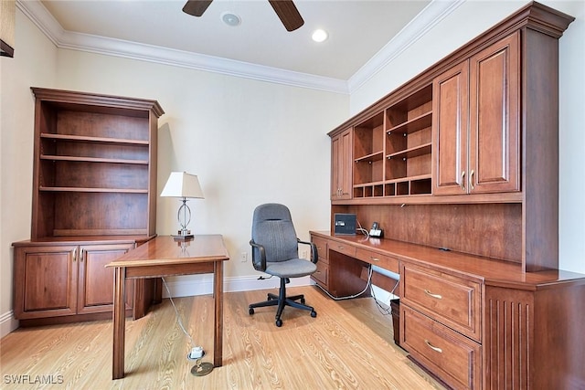 home office with ceiling fan, ornamental molding, and light hardwood / wood-style flooring