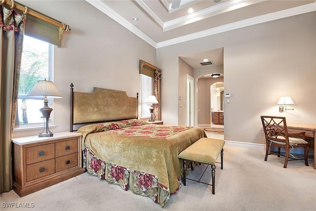 carpeted bedroom featuring ornamental molding, ensuite bathroom, and multiple windows