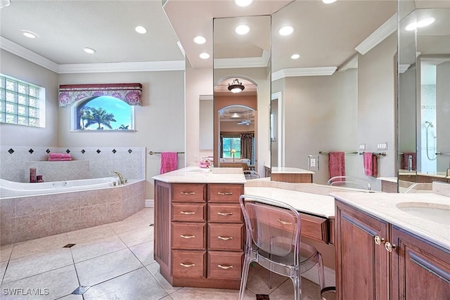 bathroom with ornamental molding, a wealth of natural light, and vanity