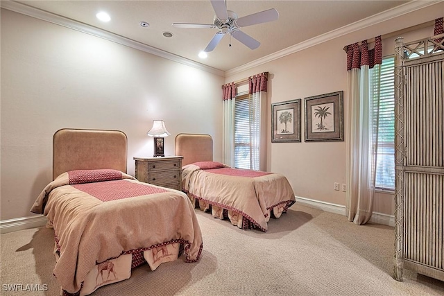 bedroom featuring multiple windows, light colored carpet, ornamental molding, and ceiling fan