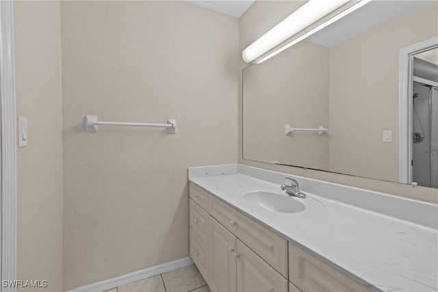 bathroom featuring walk in shower, tile patterned floors, and vanity