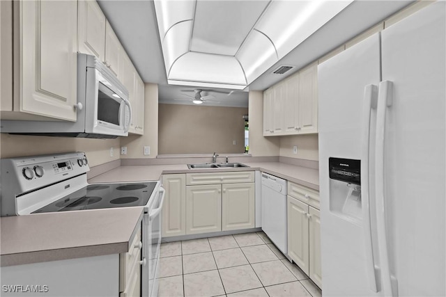 kitchen with white cabinetry, sink, and white appliances