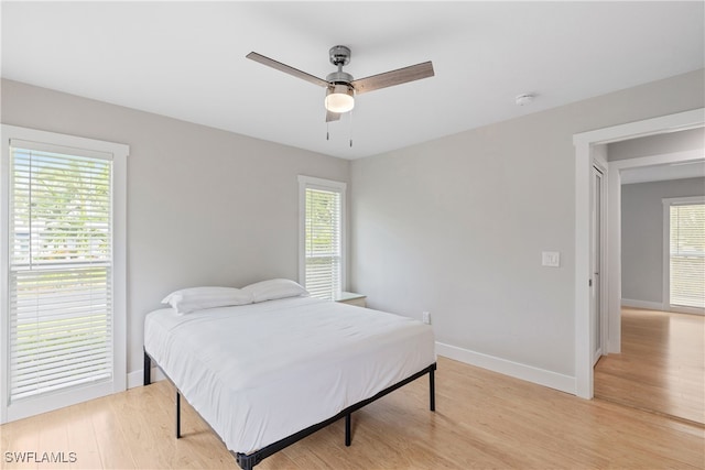 bedroom featuring ceiling fan and light hardwood / wood-style flooring