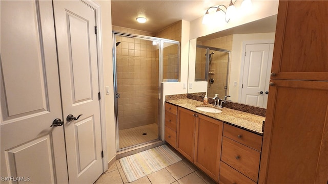 bathroom featuring vanity, walk in shower, and tile patterned floors