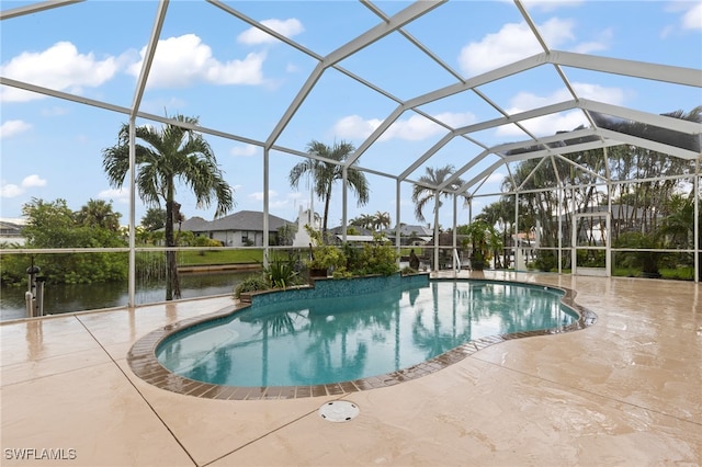 view of pool featuring a water view, a patio, and a lanai