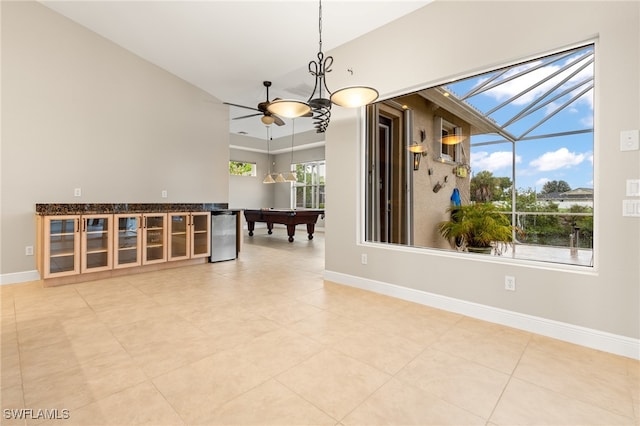 interior space featuring billiards, light tile patterned floors, and ceiling fan