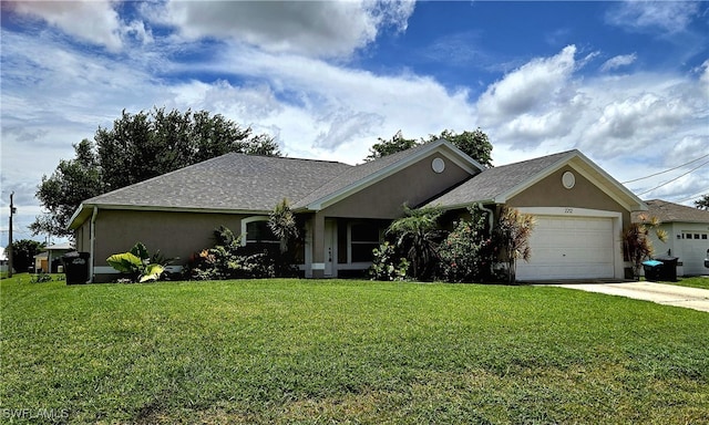 ranch-style home featuring a garage and a front yard