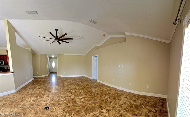 interior space featuring a wealth of natural light, ceiling fan, lofted ceiling, and tile patterned floors