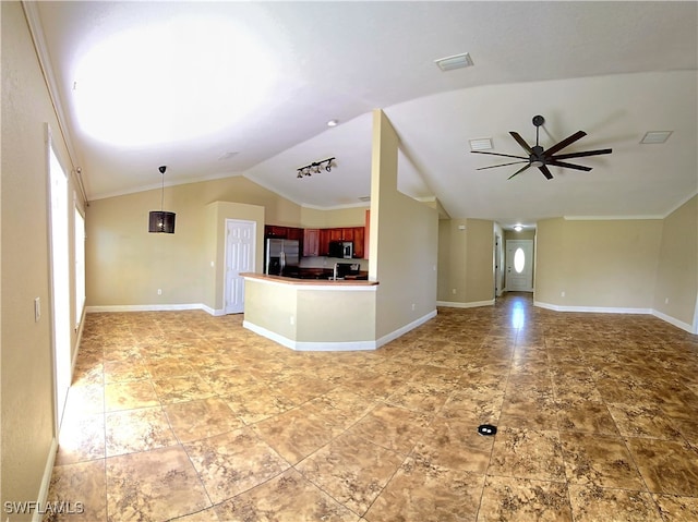 unfurnished living room with ornamental molding, tile patterned flooring, ceiling fan, and vaulted ceiling