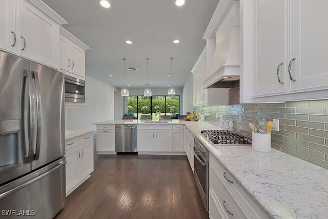 kitchen featuring appliances with stainless steel finishes, tasteful backsplash, dark wood-type flooring, white cabinetry, and custom exhaust hood