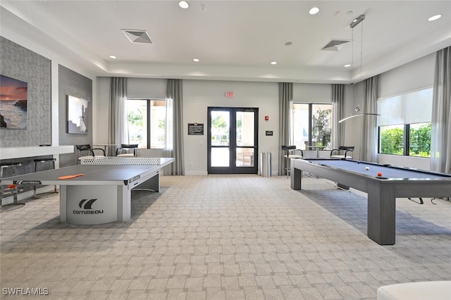 playroom featuring billiards, light colored carpet, and french doors