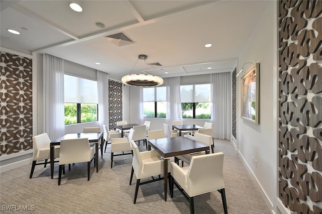 dining space with light carpet