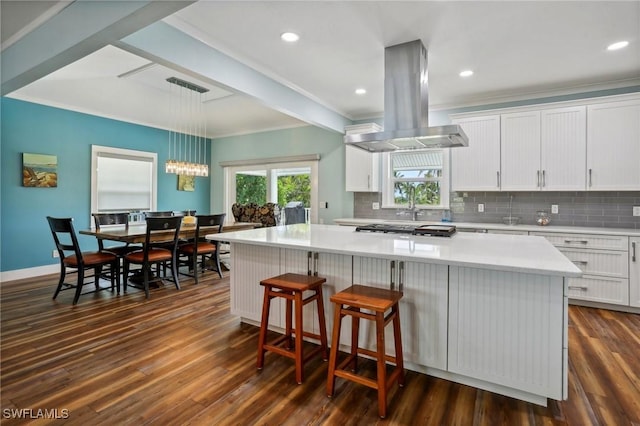 8335 Main St, Bokeelia, FL 33922 - kitchen with ornamental molding, decorative backsplash, and island exhaust hood