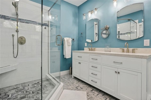 8335 Main St, Bokeelia, FL 33922 - full bath with double vanity, a stall shower, and a sink