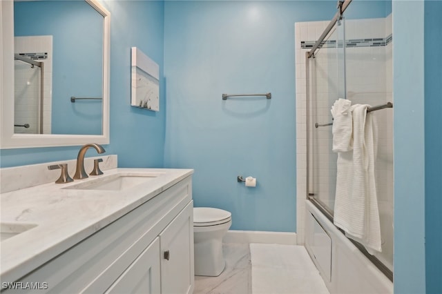 full bathroom with tile patterned floors, shower / bath combination with glass door, toilet, and vanity