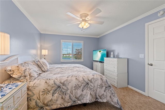 bedroom featuring carpet floors, ceiling fan, and ornamental molding