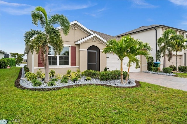 single story home featuring a front lawn and a garage