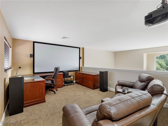 cinema room with light colored carpet