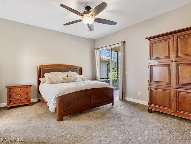 bedroom with light carpet, ceiling fan, and access to outside