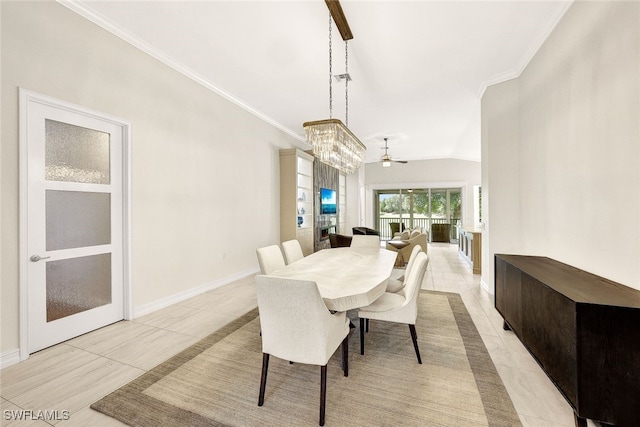 tiled dining area featuring ceiling fan and lofted ceiling