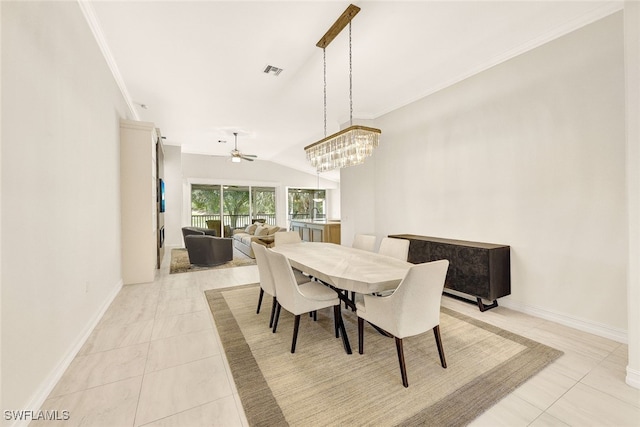 dining area featuring visible vents, ceiling fan with notable chandelier, crown molding, and lofted ceiling