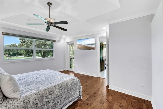 bedroom featuring access to exterior, baseboards, and dark wood-type flooring