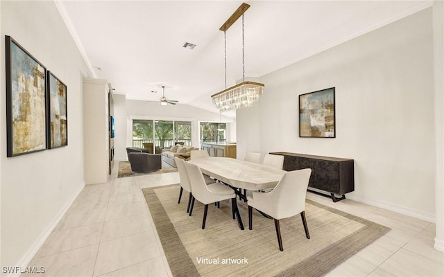 dining area with lofted ceiling, light tile patterned floors, and ceiling fan with notable chandelier