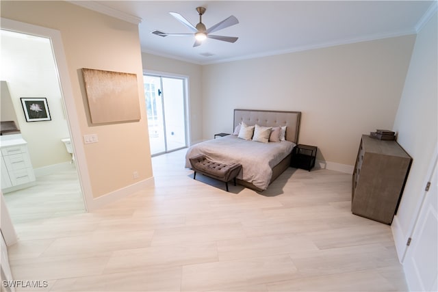 bedroom with ornamental molding, ensuite bathroom, and ceiling fan