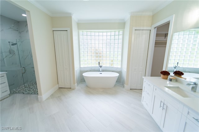 bathroom featuring vanity, separate shower and tub, and crown molding