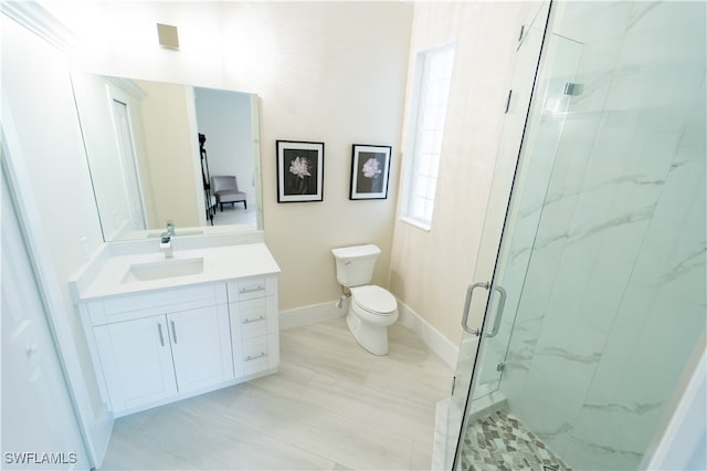 bathroom featuring vanity, an enclosed shower, and toilet