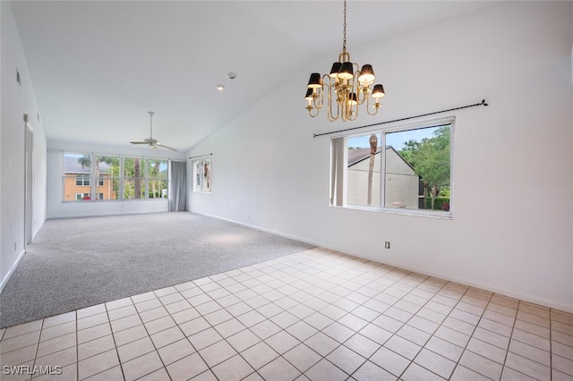 4130 Looking Glass Ln Unit 3802, Naples, FL 34112 - unfurnished living room with a chandelier, light colored carpet, a ceiling fan, high vaulted ceiling, and light tile patterned floors