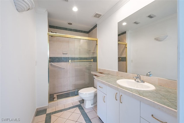4130 Looking Glass Ln Unit 3802, Naples, FL 34112 - bathroom with tile patterned floors, vanity, a stall shower, recessed lighting, and ornamental molding