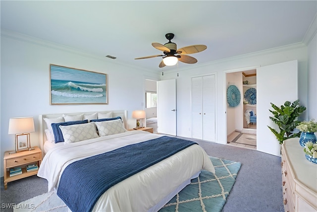 4130 Looking Glass Ln Unit 3802, Naples, FL 34112 - bedroom with ornamental molding, carpet, ceiling fan, a closet, and connected bathroom