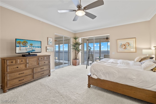 bedroom featuring ceiling fan, light colored carpet, crown molding, and access to outside