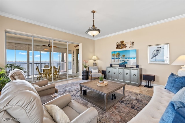 living room with ceiling fan and crown molding