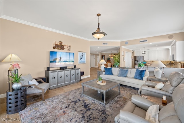 living room with crown molding