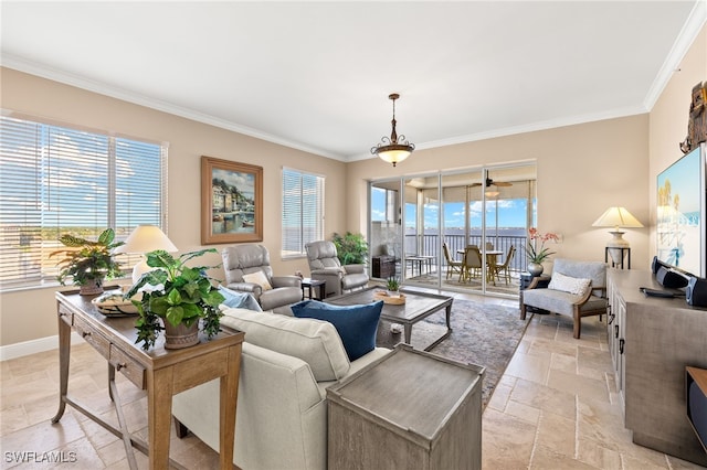 living room with ornamental molding