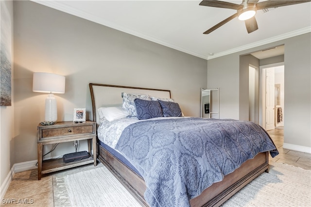 bedroom featuring ceiling fan, light tile patterned floors, and crown molding