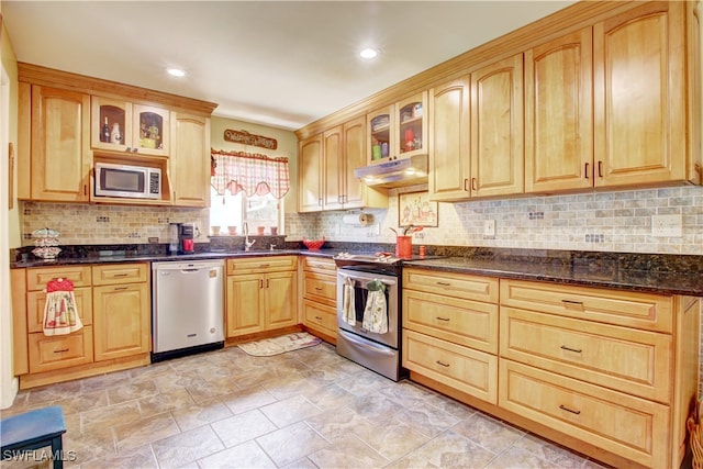 kitchen with sink, dark stone countertops, stainless steel appliances, and tasteful backsplash