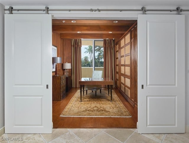 home office with a barn door