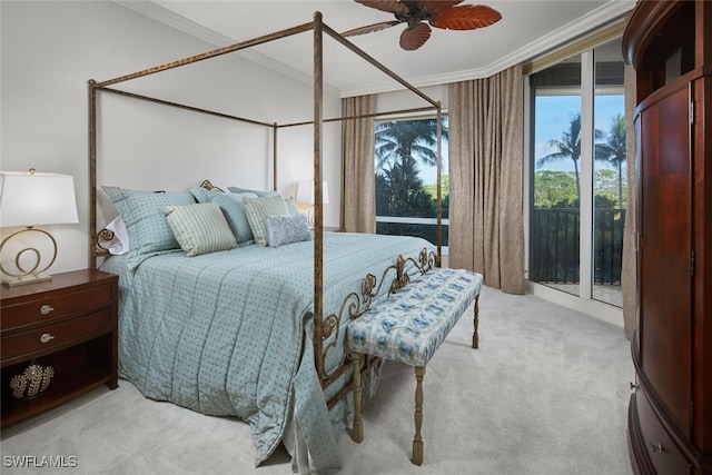 bedroom featuring ceiling fan, light colored carpet, ornamental molding, and access to exterior