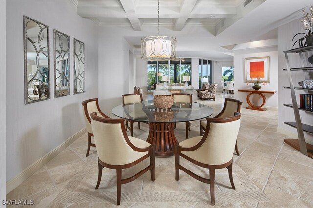 tiled dining room with a chandelier, beam ceiling, and coffered ceiling